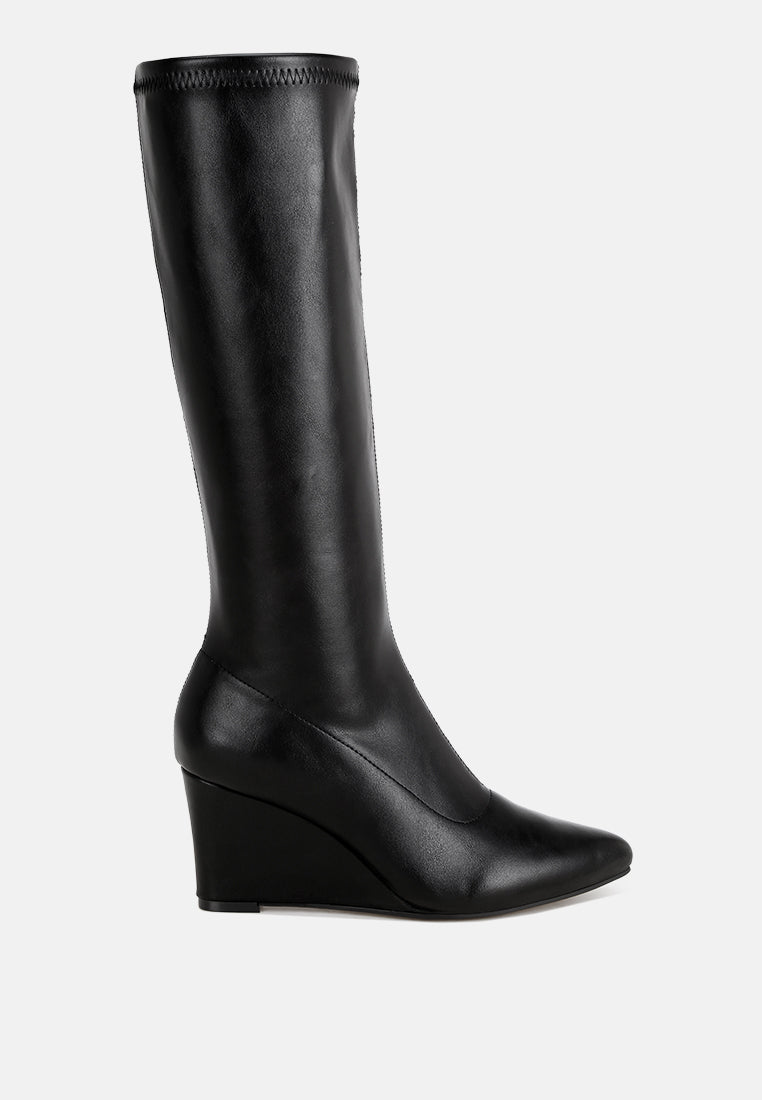 cheyen pointed toe stretchable wedge boots#color_black-smooth