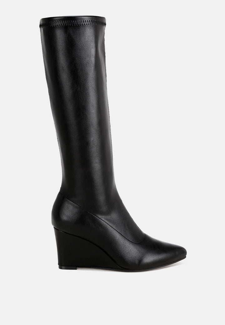 cheyen pointed toe stretchable wedge boots#color_black-smooth