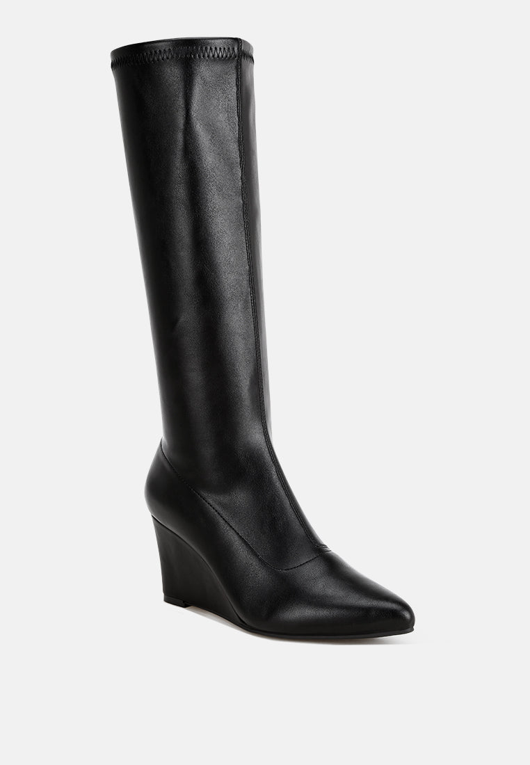 cheyen pointed toe stretchable wedge boots#color_black-smooth