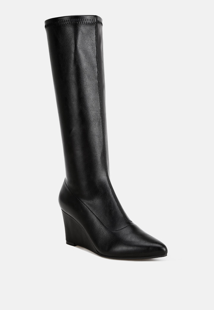 cheyen pointed toe stretchable wedge boots#color_black-smooth