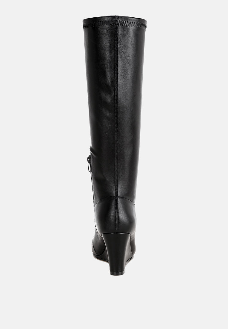 cheyen pointed toe stretchable wedge boots#color_black-smooth