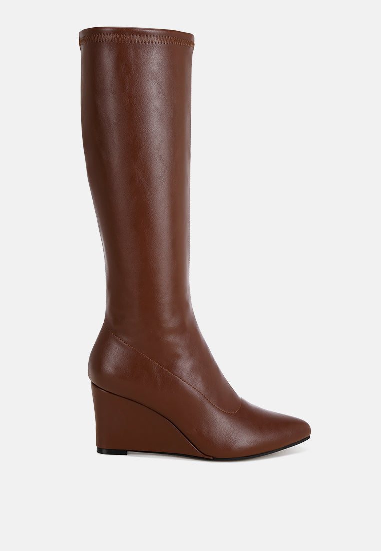 cheyen pointed toe stretchable wedge boots#color_brown-smooth