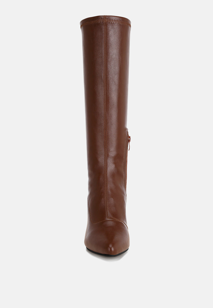 cheyen pointed toe stretchable wedge boots#color_brown-smooth