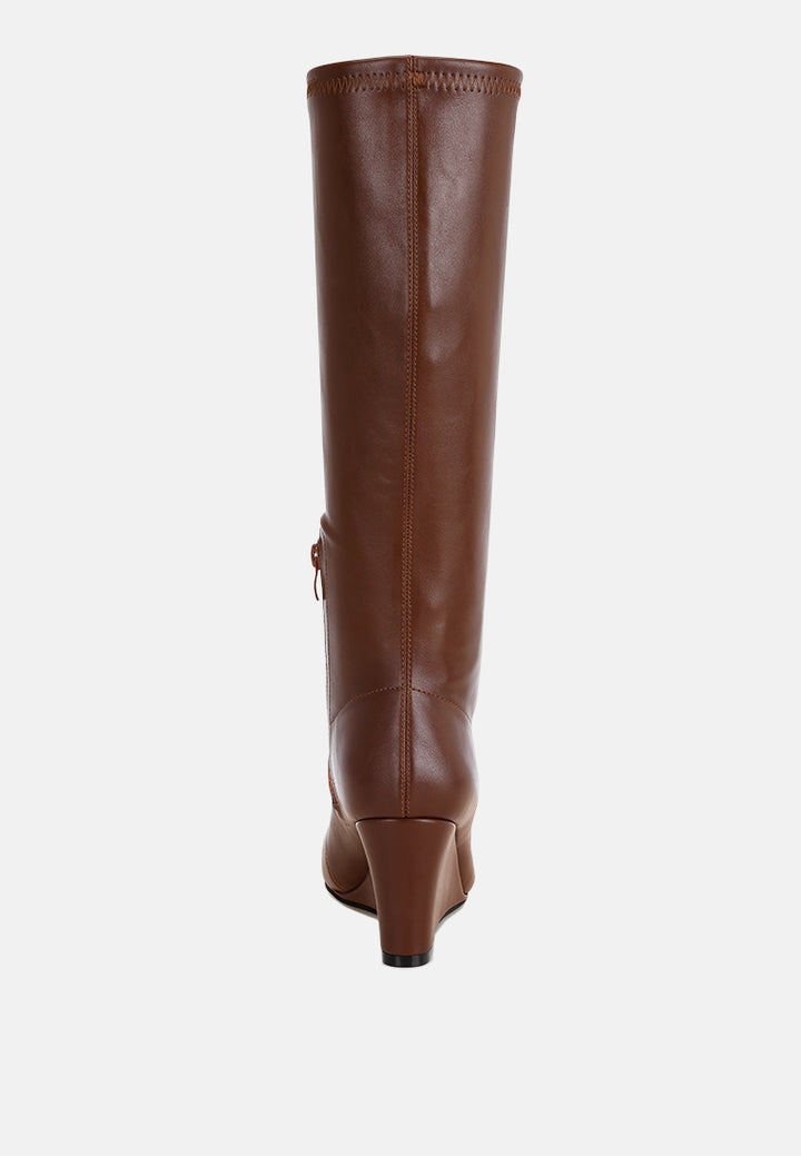 cheyen pointed toe stretchable wedge boots#color_brown-smooth