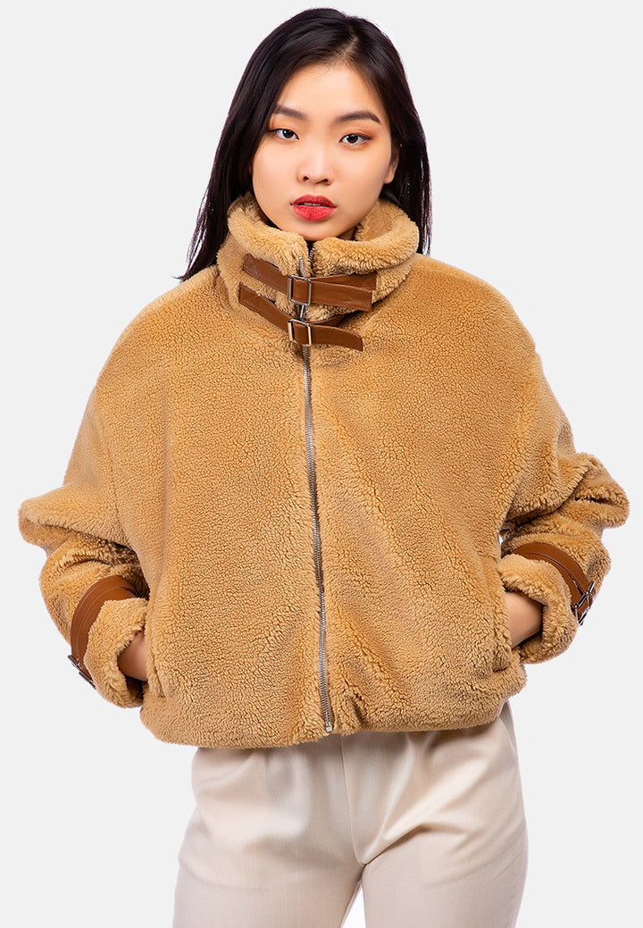 chill morning faux fur teddy jacket#color_camel