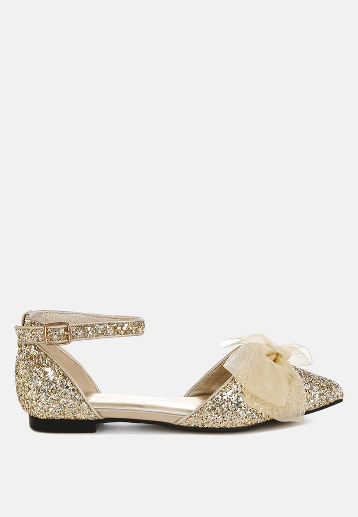 sheer bow detail glitter flat sandals by mode#color_gold