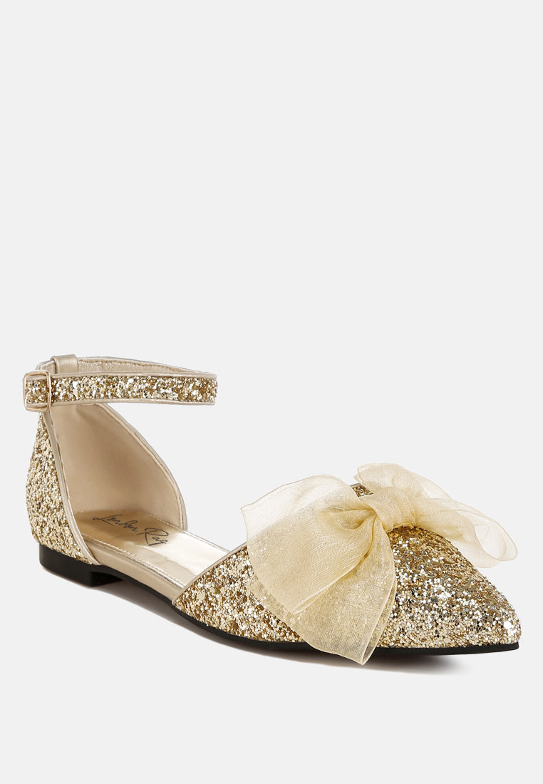 sheer bow detail glitter flat sandals by mode#color_gold