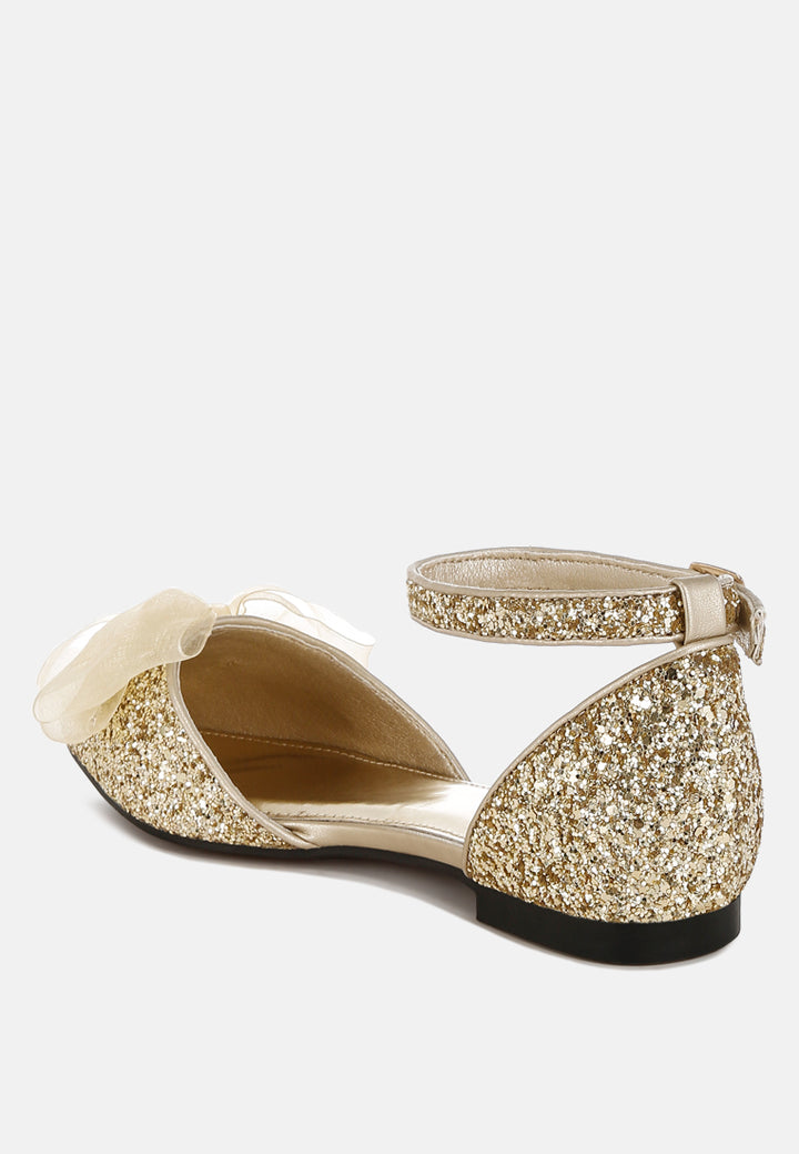 sheer bow detail glitter flat sandals by mode#color_gold