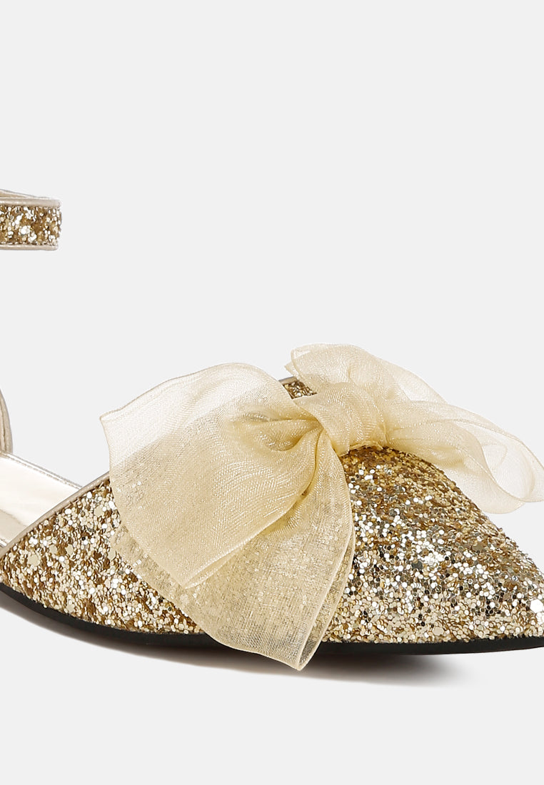 sheer bow detail glitter flat sandals by mode#color_gold