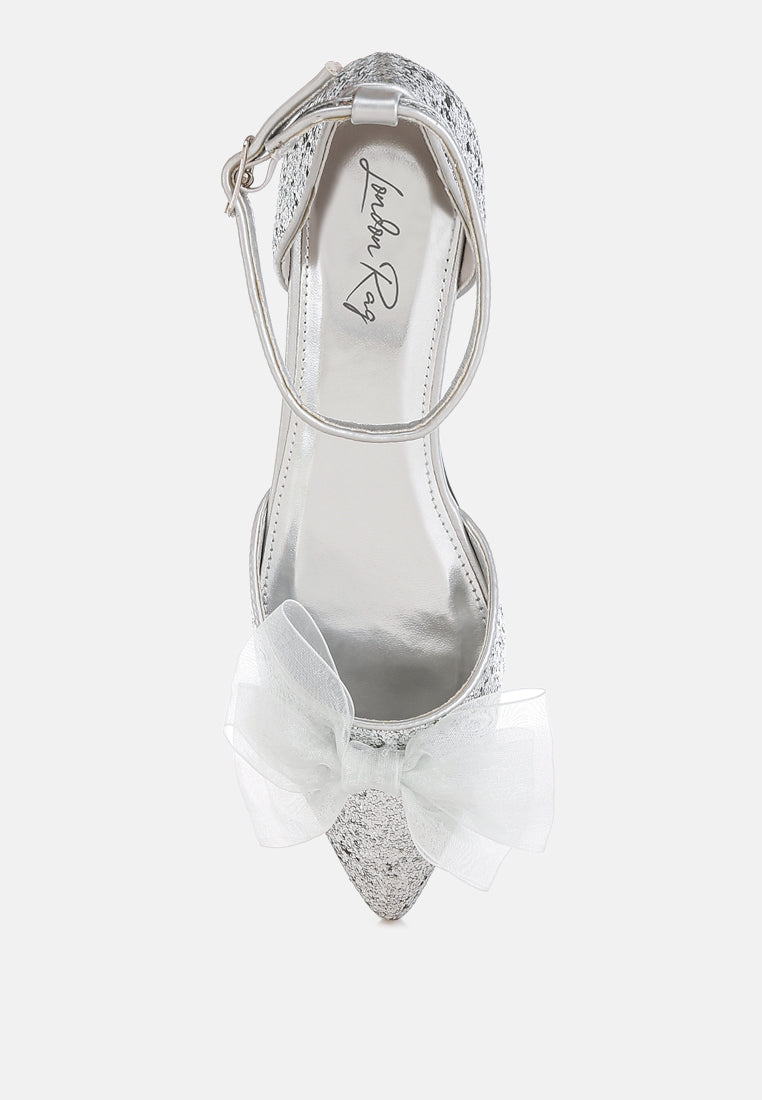 sheer bow detail glitter flat sandals by mode#color_silver