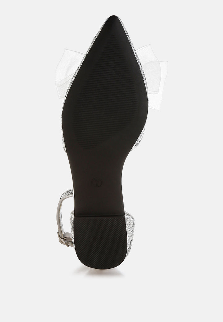 sheer bow detail glitter flat sandals by mode#color_silver