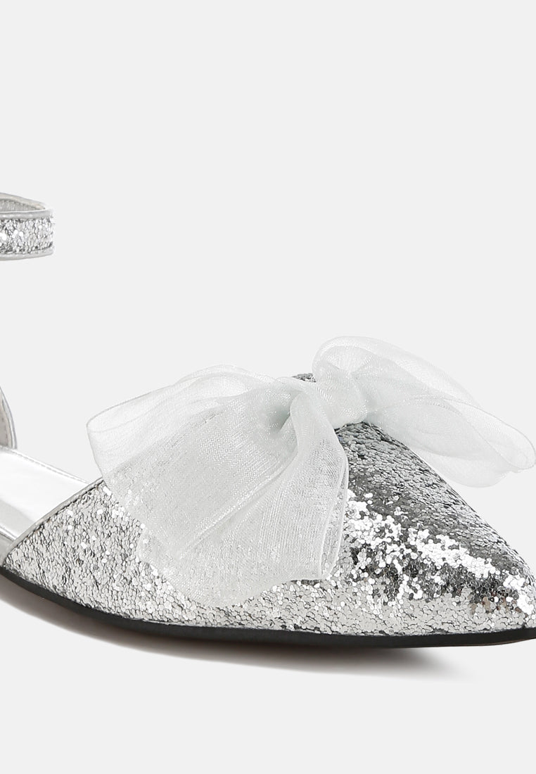 sheer bow detail glitter flat sandals by mode#color_silver
