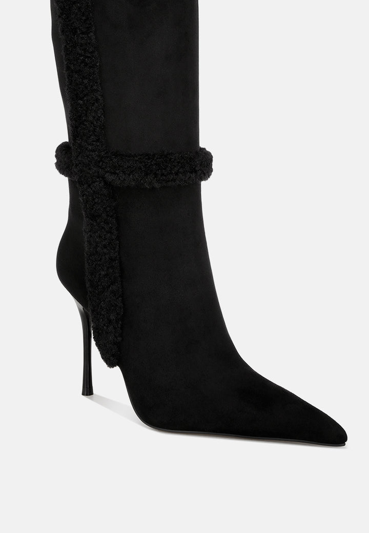 jenah faux Shearling detail Stiletto heel boots#color_black-suede