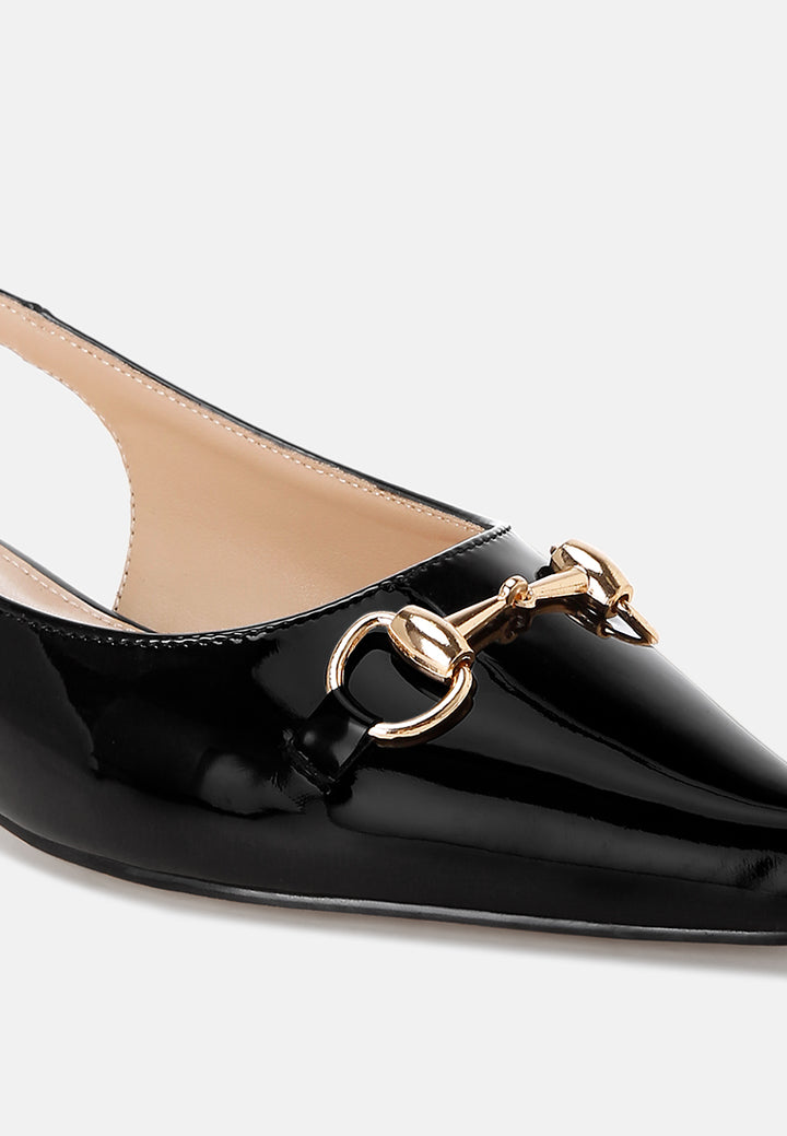 Bell flower Classic Horsebit Detail Slingback Heels#color_Black-Patent