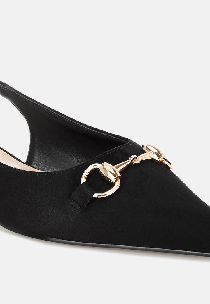Bell flower Classic Horsebit Detail Slingback Heels#color_black-suede