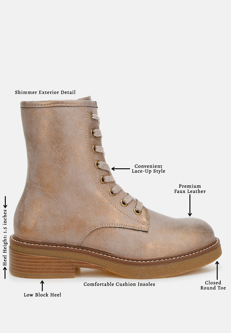 metallic texture lace up boots by ft#color_tan