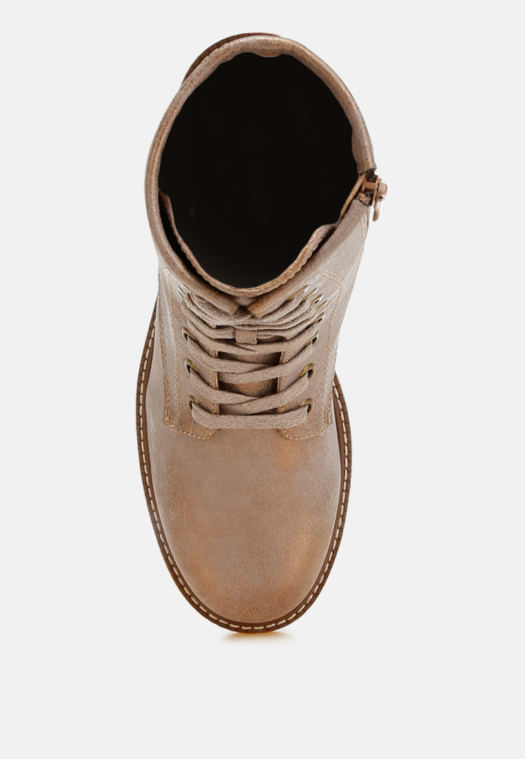 metallic texture lace up boots by mode#color_tan