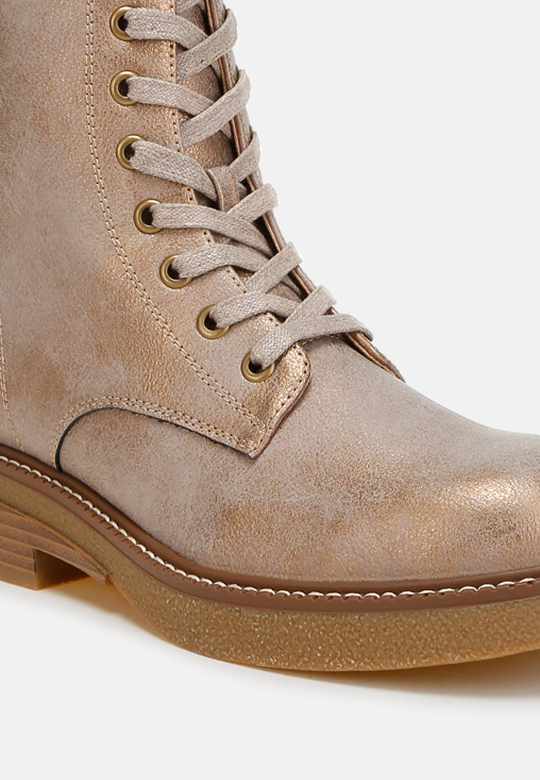 metallic texture lace up boots by mode#color_tan