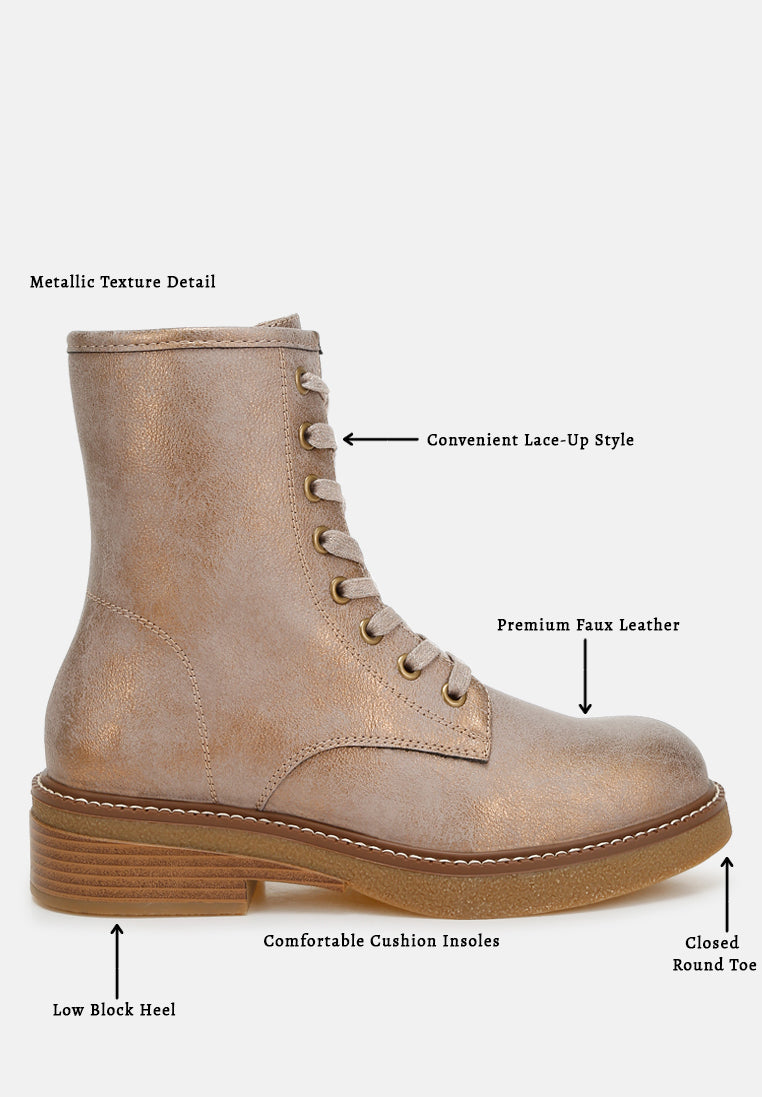 metallic texture lace up boots by mode#color_tan