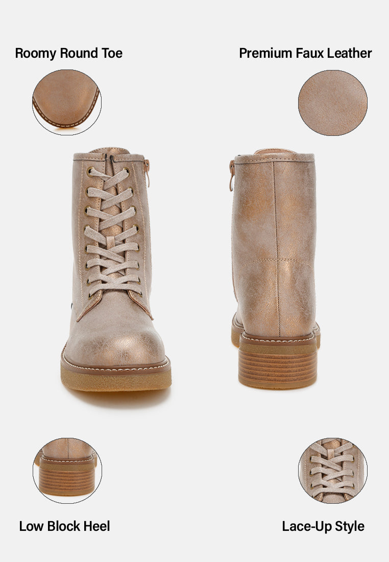 metallic texture lace up boots by mode#color_tan