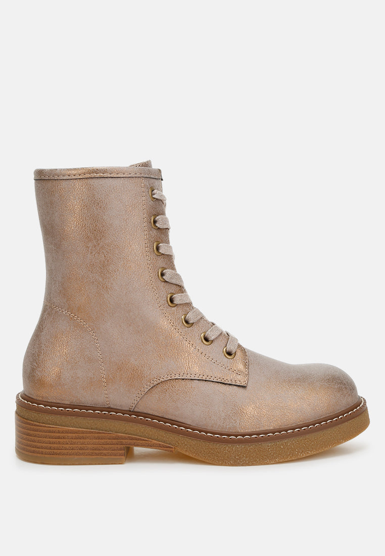 metallic texture lace up boots by mode#color_tan