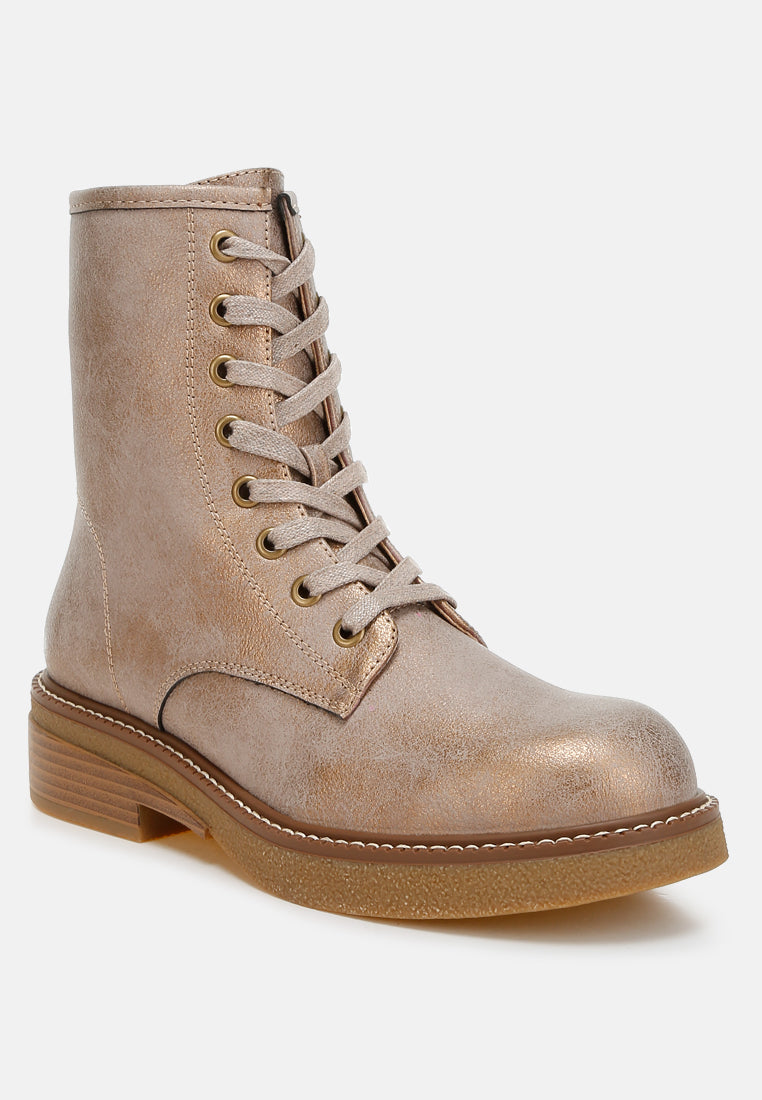 metallic texture lace up boots by mode#color_tan