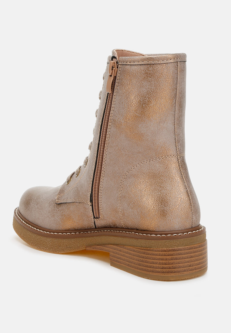 metallic texture lace up boots by mode#color_tan