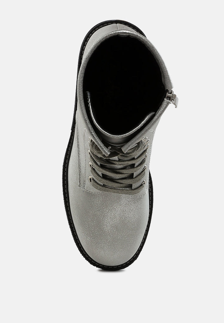 metallic texture lace up boots by mode#color_silver