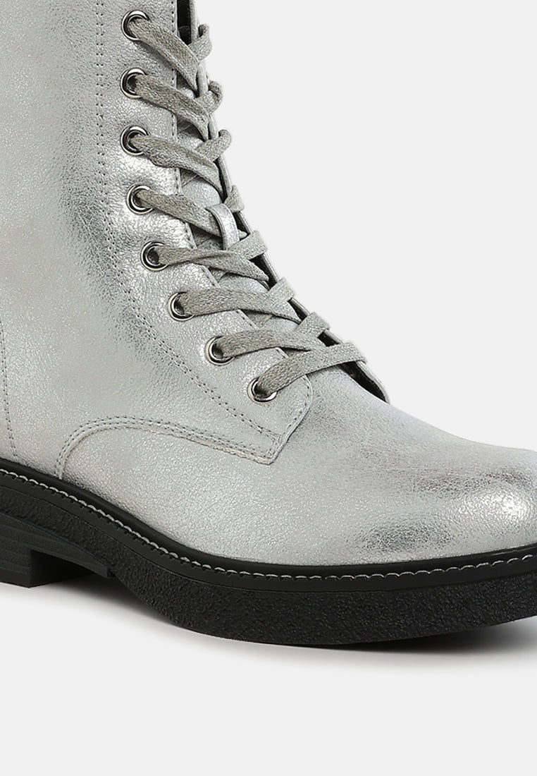 metallic texture lace up boots by mode#color_silver