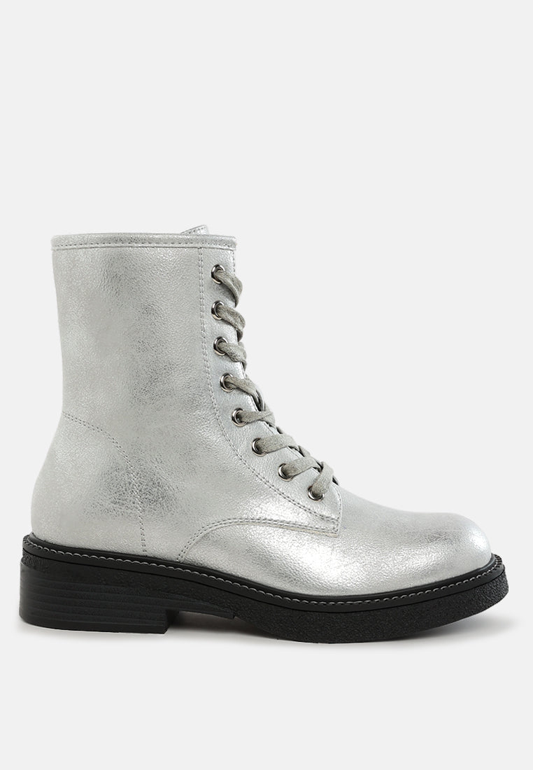 metallic texture lace up boots by mode#color_silver