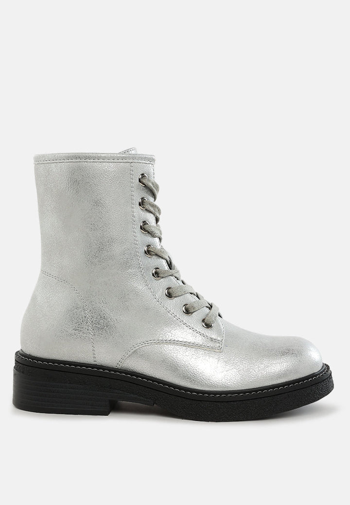 metallic texture lace up boots by mode#color_silver