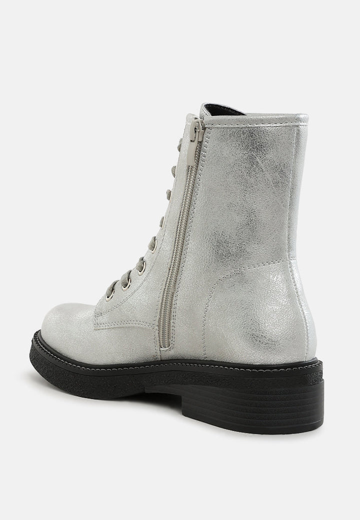 metallic texture lace up boots by mode#color_silver