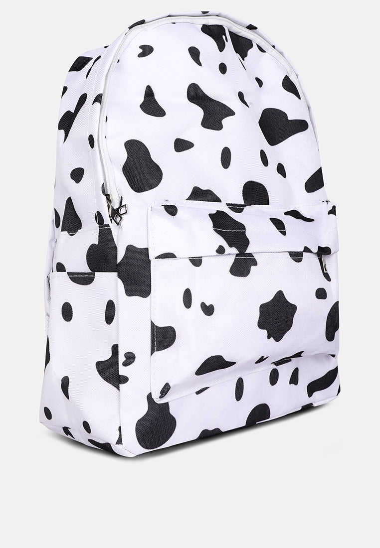 white cow printed casual backpack#color_white
