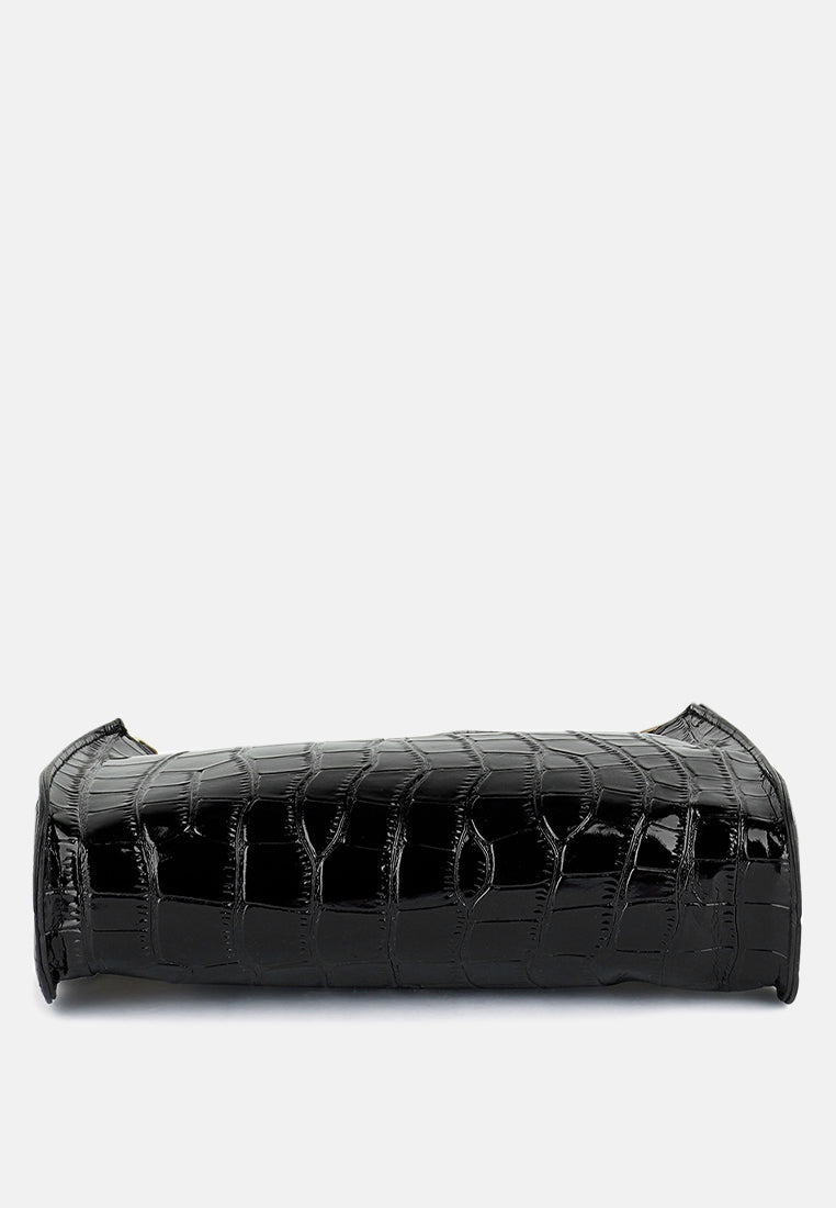 croc patten baguette bag#color_black