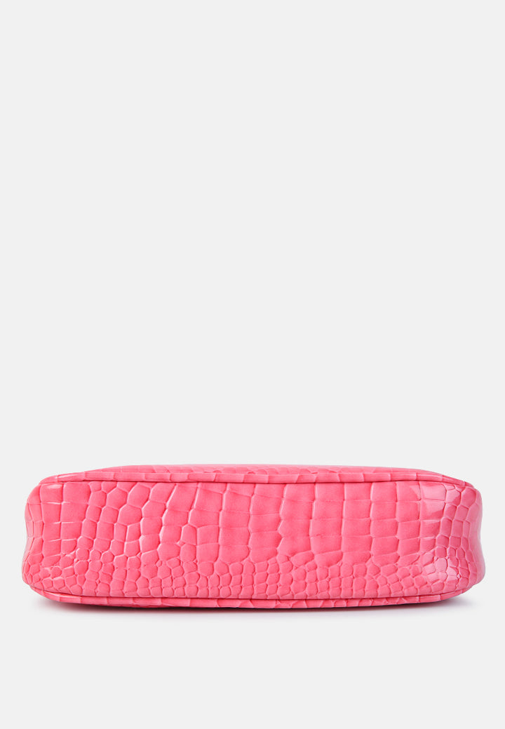 croc patterned baguette#color_pink