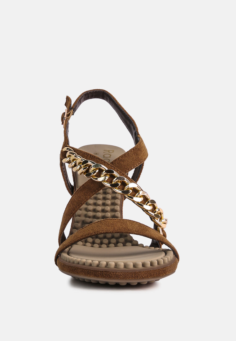 domeda metal chain mid heel sandal#color_tan
