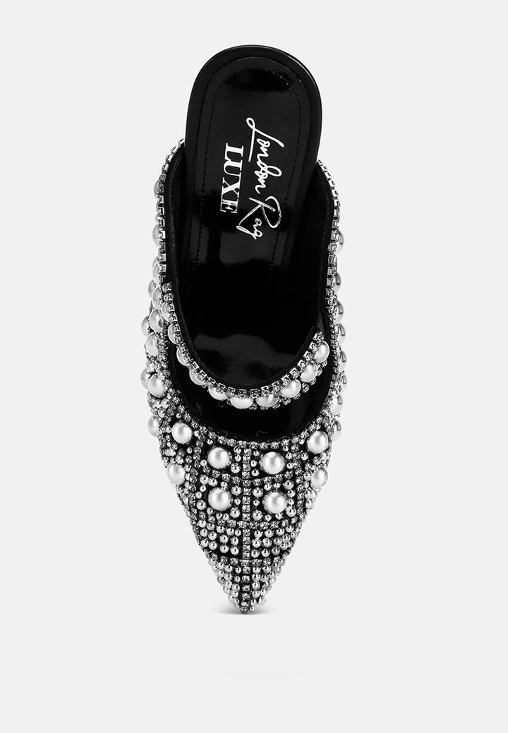 Sandalias sin cordones con perlas y diamantes de imitación Dalston#color_black-suede