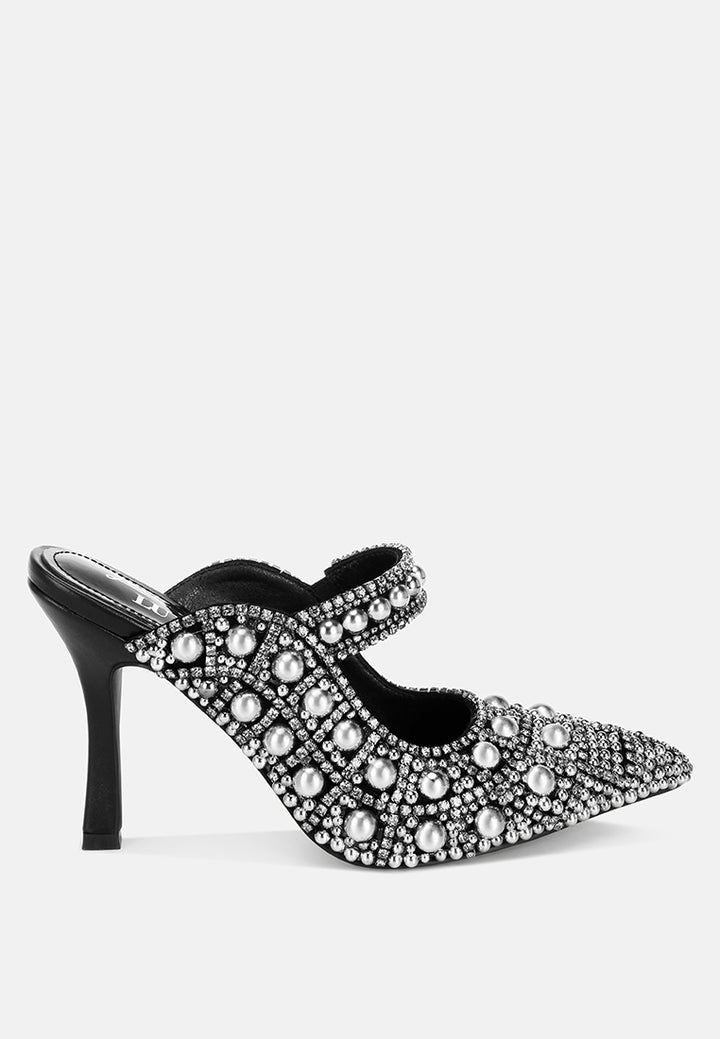 Sandalias sin cordones con perlas y diamantes de imitación Dalston#color_black-suede