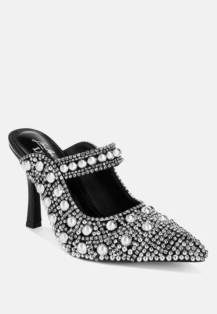 Sandalias sin cordones con perlas y diamantes de imitación Dalston#color_black-suede
