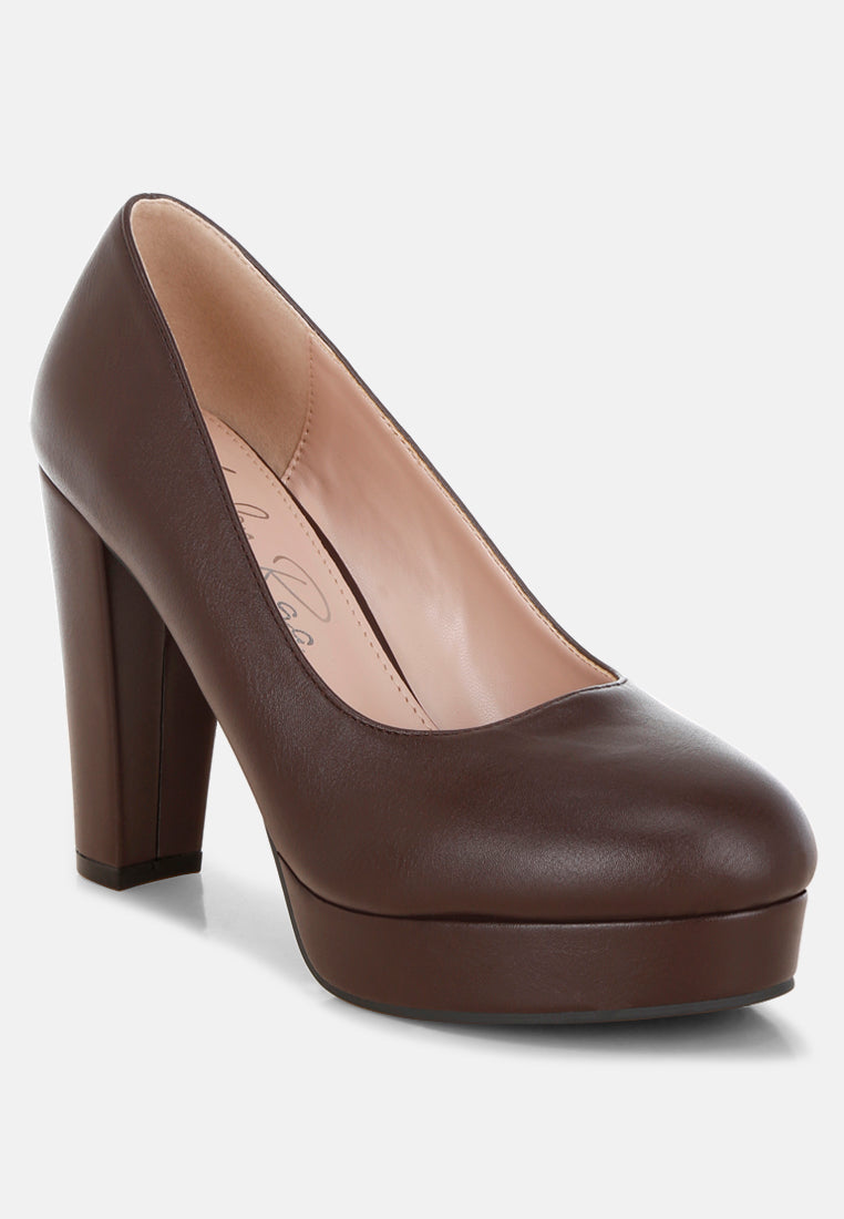 damsor faux leather block heel pumps#color_brown