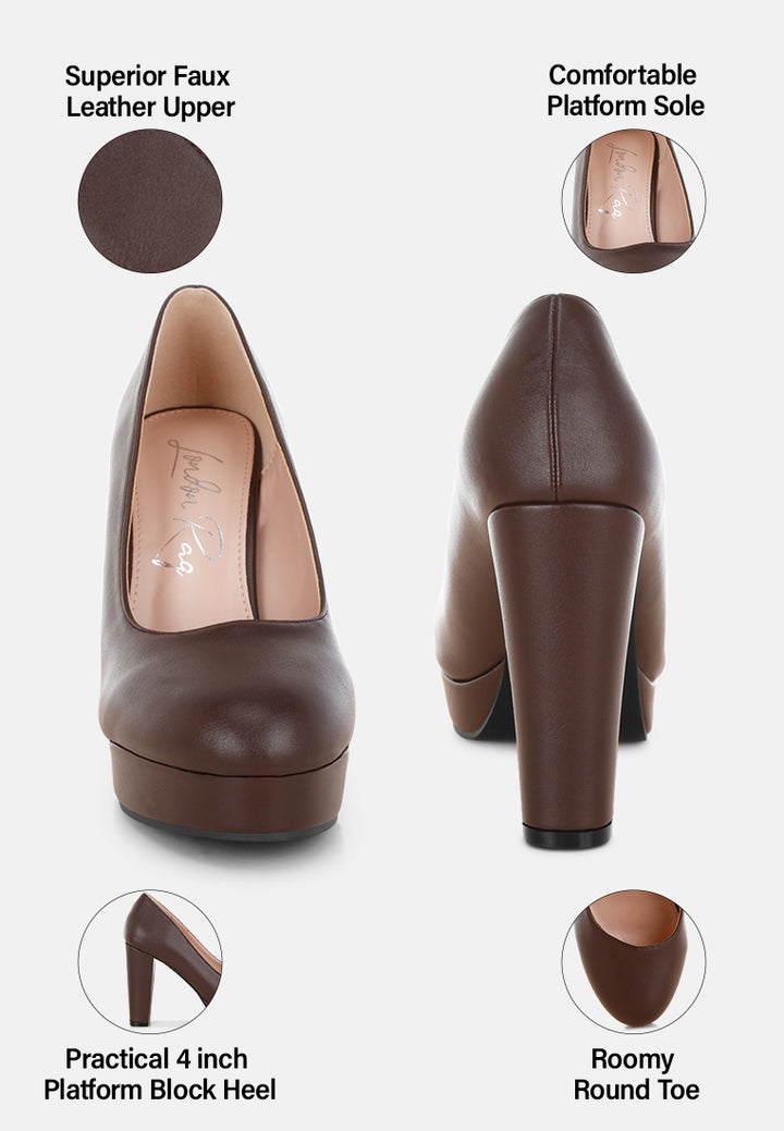 damsor faux leather block heel pumps#color_brown