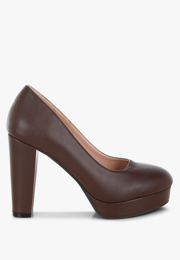damsor faux leather block heel pumps#color_brown