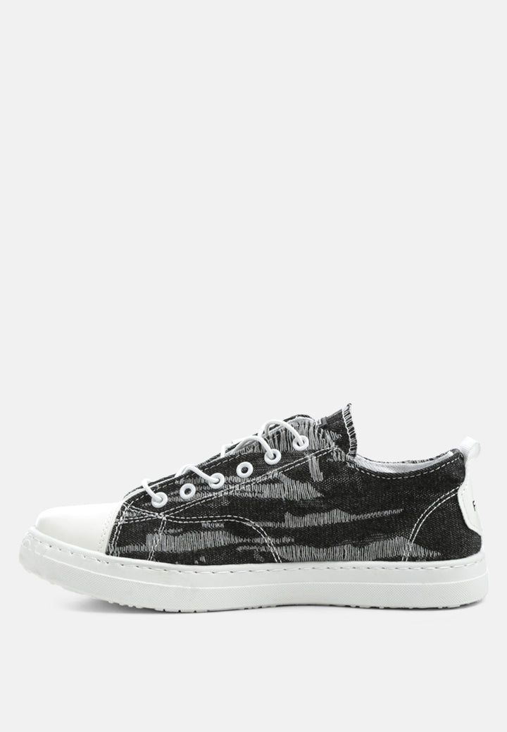 destroyed black denim lace-up casual sneakers#color_black