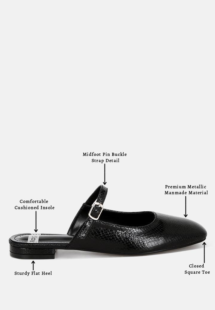 Dublish Square Toe Buckled Flats#color_black-snake