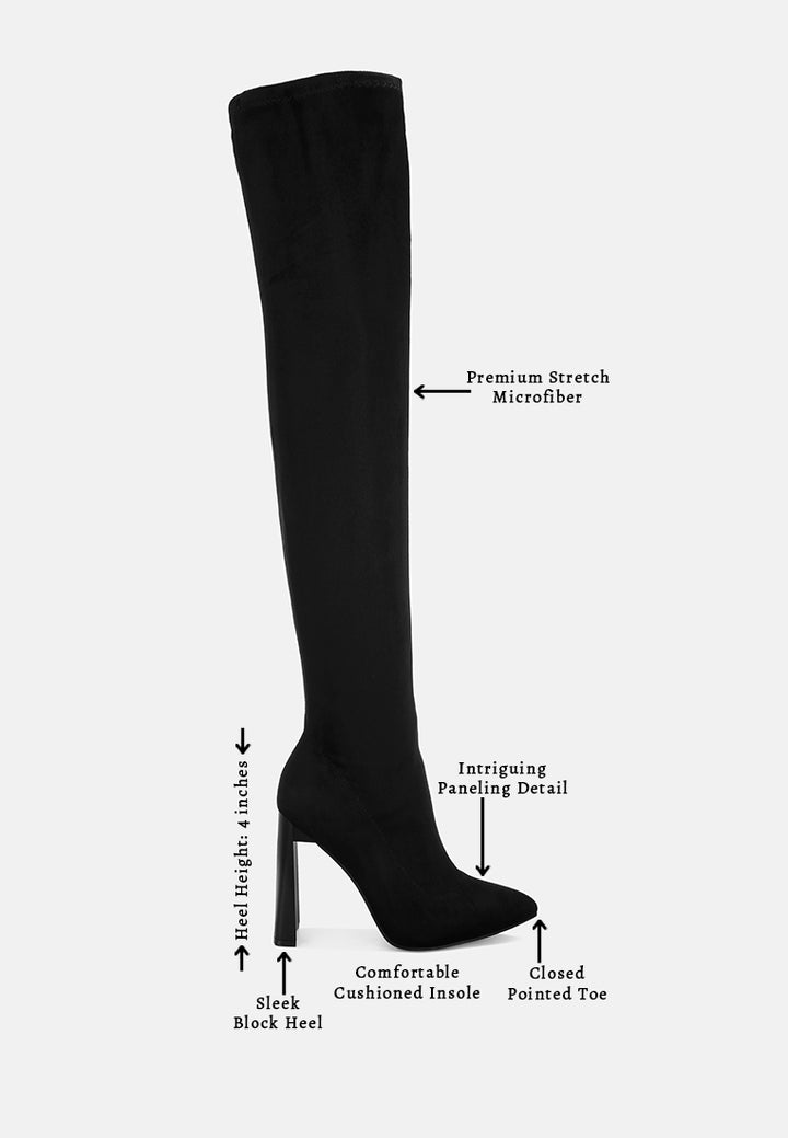 amayara stretchable pointed toe long boots#color_black-suede