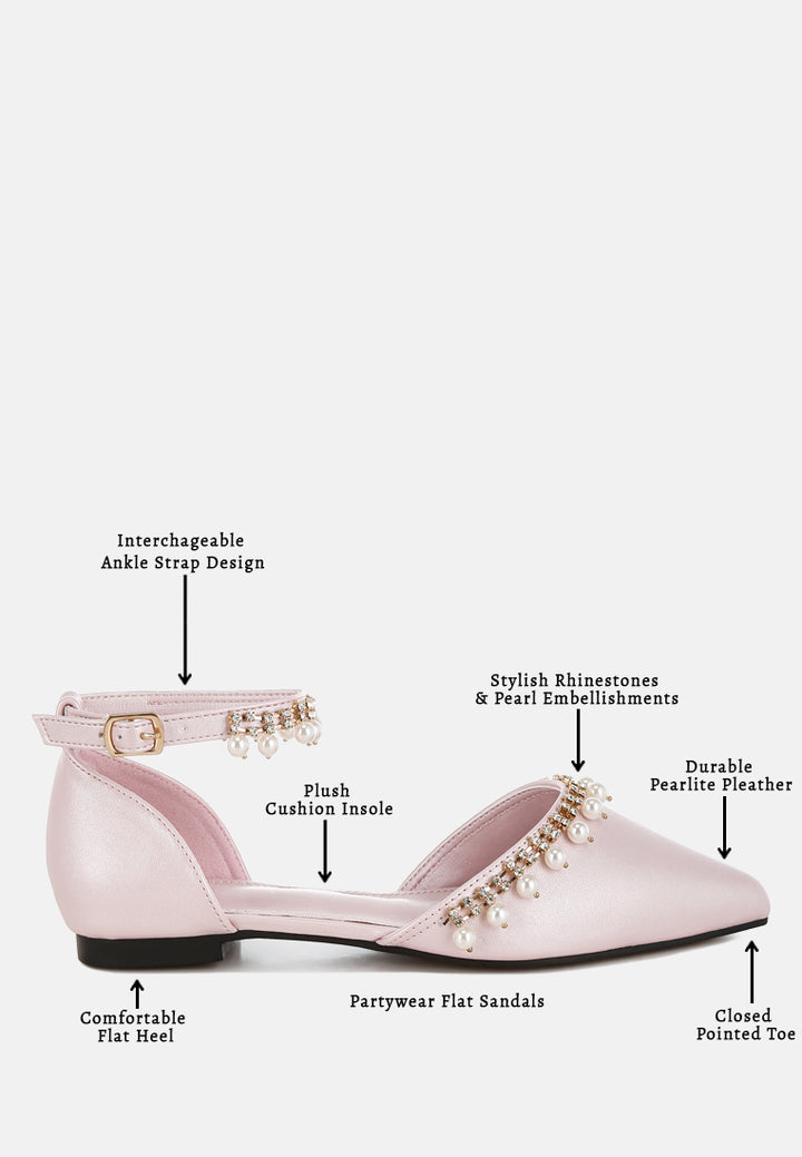 Sandalias planas con correa en el tobillo con perlas y diamantes de imitación aouva#color_pink