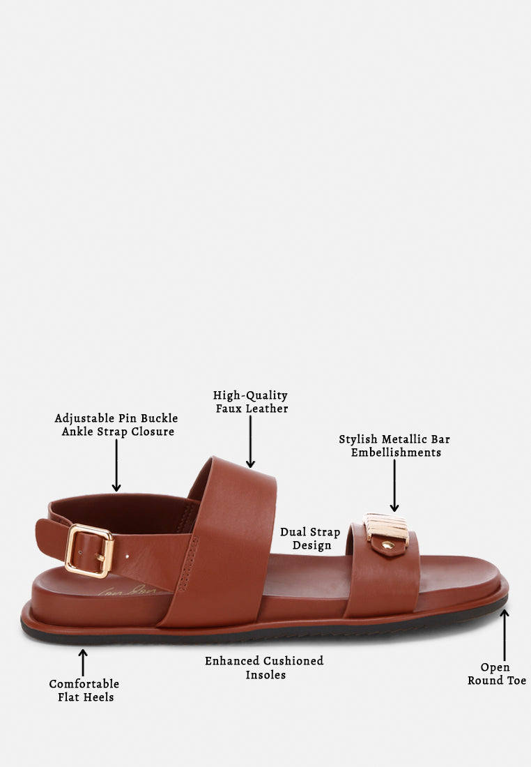 lolac metallic bar embellished flat sandals#color_brown-faux-leather