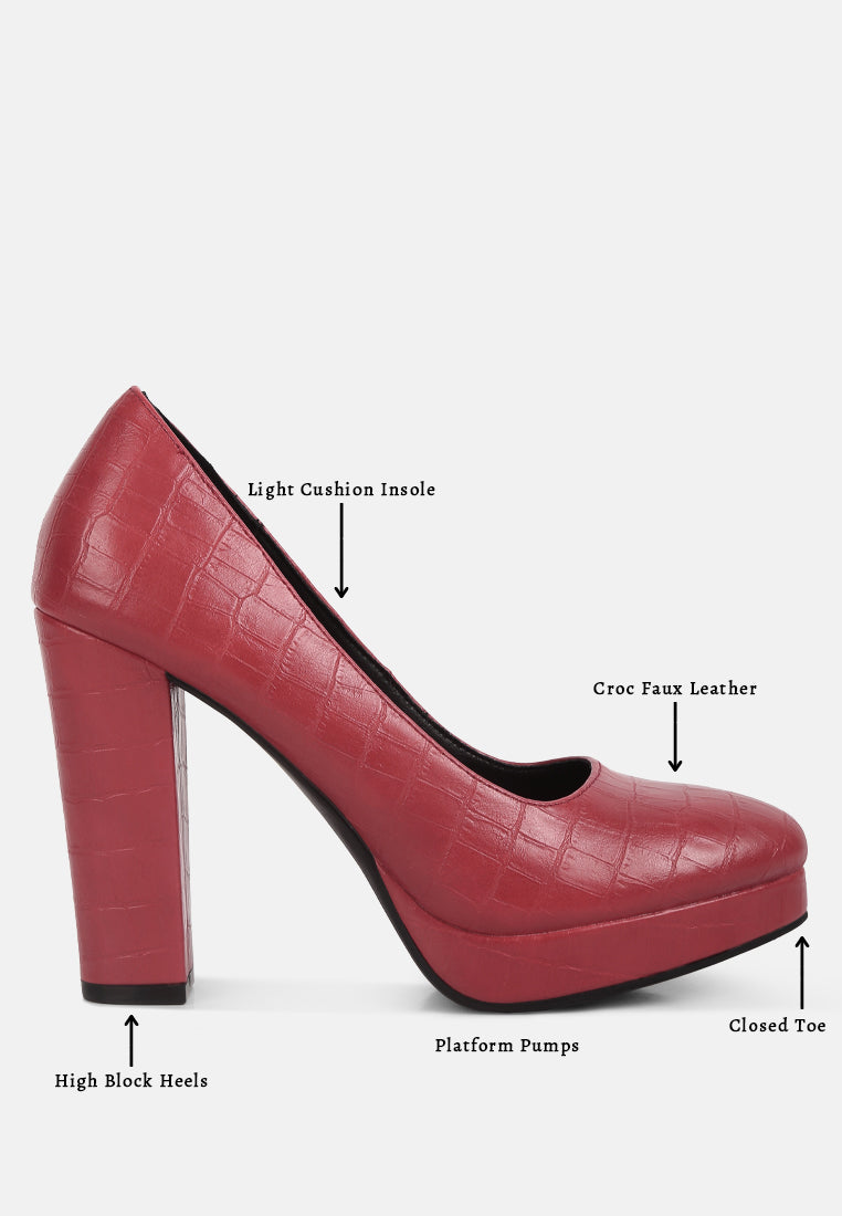 whitley croc texture high block heel pumps#color_burgundy
