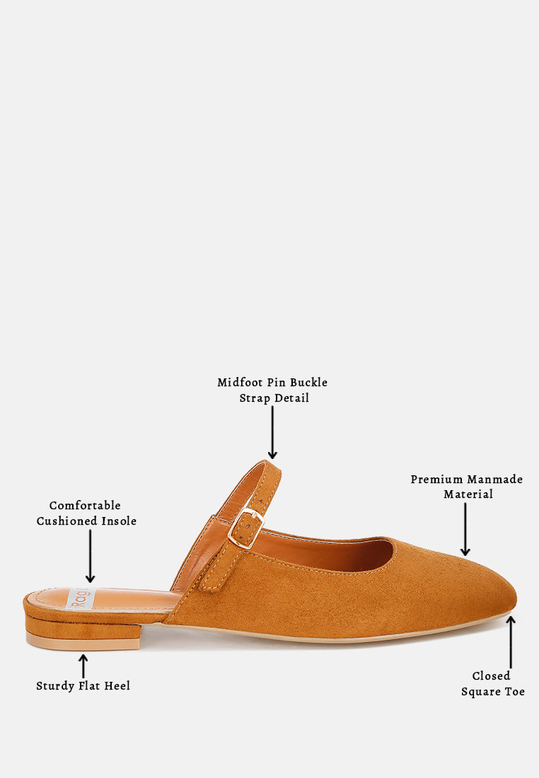 Dublish Square Toe Buckled Flats#color_tan-suede