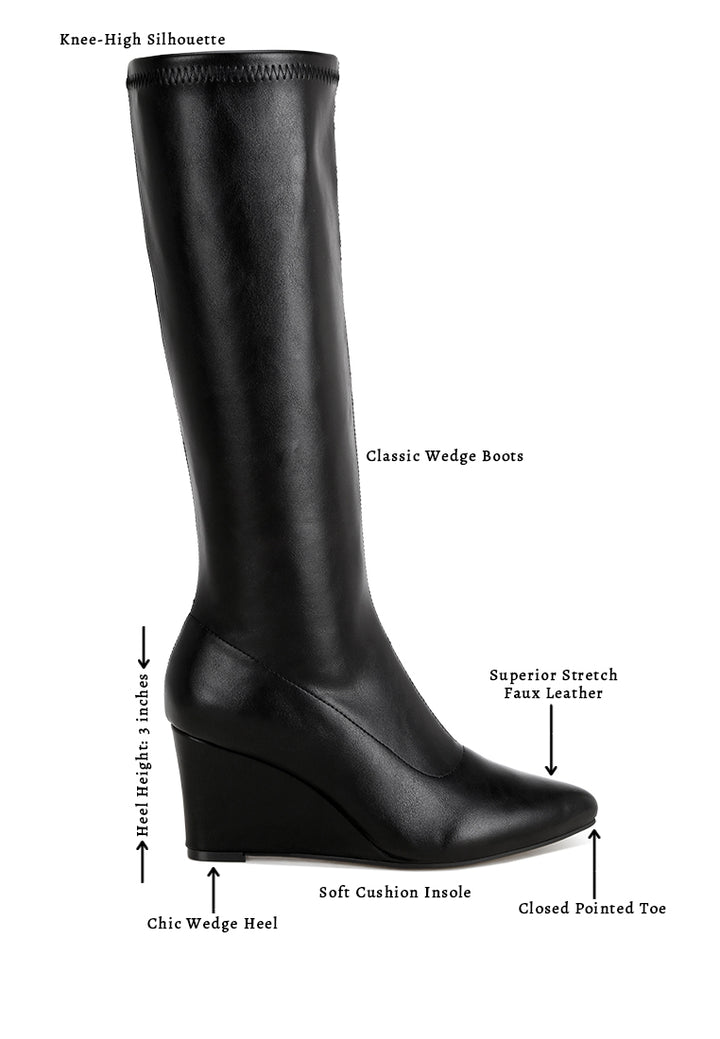 pointed toe stretchable wedge boots#color_black-smooth